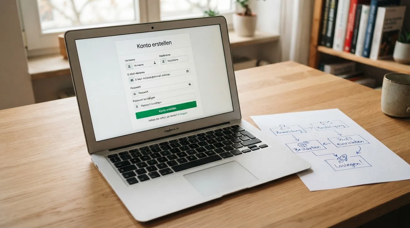 Nahaufnahme eines Laptop-Bildschirms mit einem Formular zur Kontoeroeffnung, daneben ein Blatt Papier mit einer handgezeichneten Ablaufskizze.
