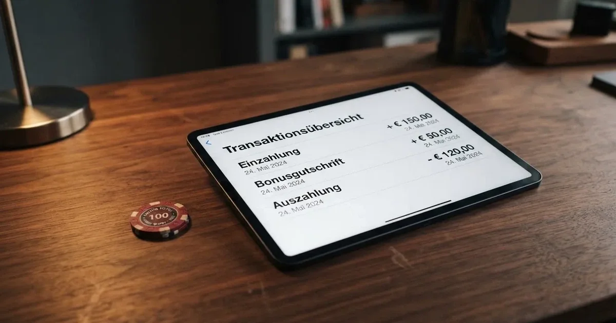 Nahaufnahme eines Tablet-Bildschirms mit einer Transaktionsliste, in der Einzahlung, Bonusgutschrift und Auszahlungsstatus untereinander aufgefuehrt sind.