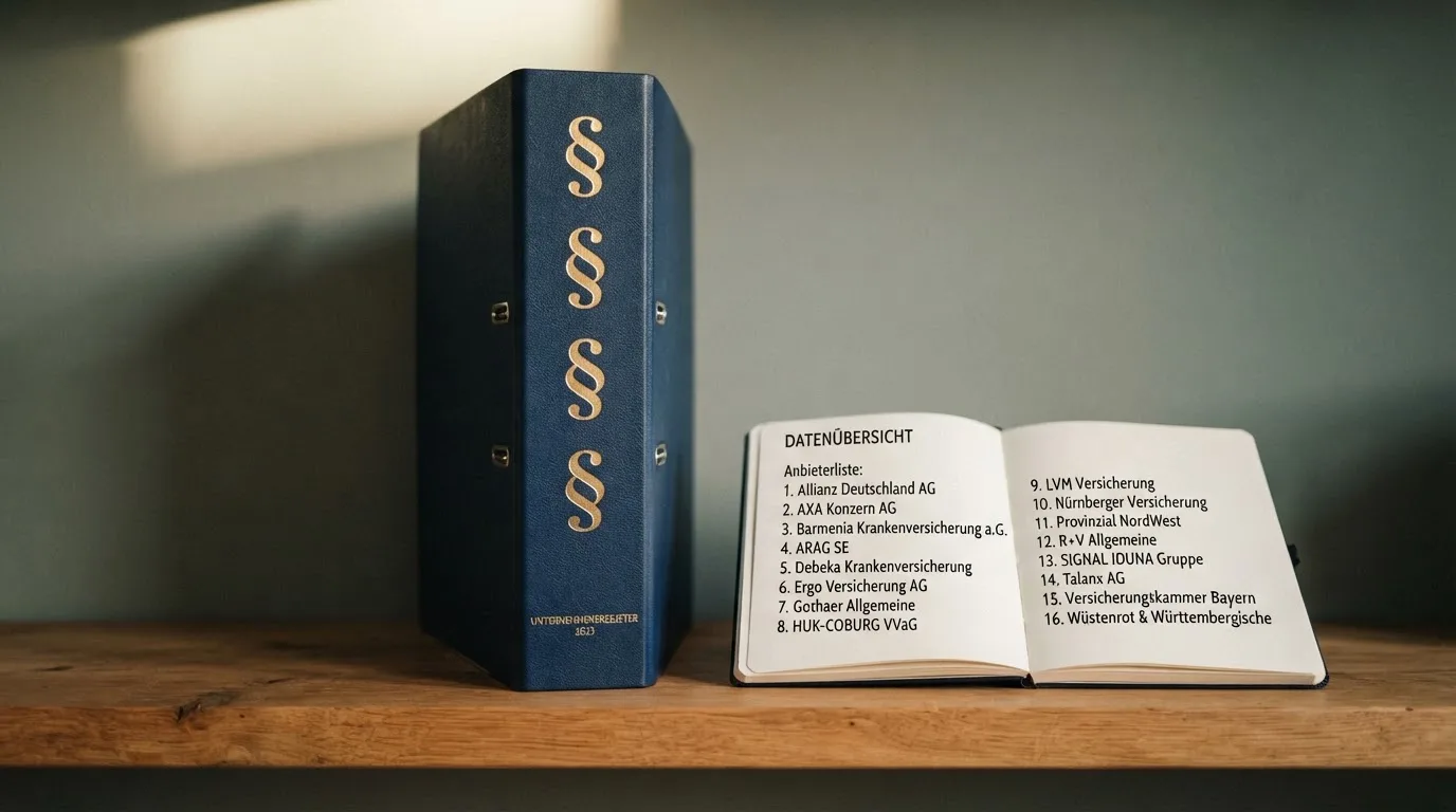 Nahaufnahme eines Aktenordners mit Paragraphenzeichen auf dem Ruecken, daneben ein aufgeklapptes Notebook mit einer Uebersichtsliste lizenzierter Anbieter.