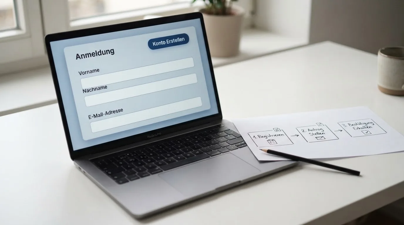 Nahaufnahme eines Laptop-Bildschirms mit einem Formular zur Kontoeroeffnung, daneben ein Blatt Papier mit einer handgezeichneten Ablaufskizze.