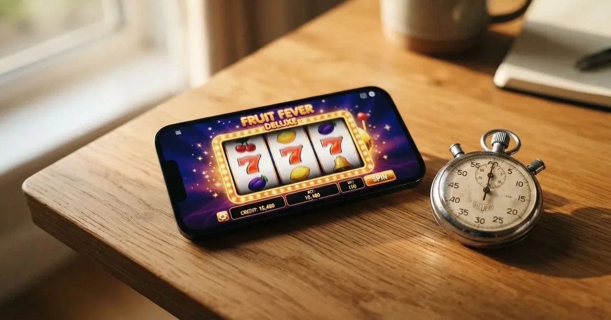 Draufsicht auf ein Smartphone mit einem digitalen Walzenspiel im Demomodus, daneben eine Stoppuhr, die den Abstand zwischen zwei Spins anzeigt.