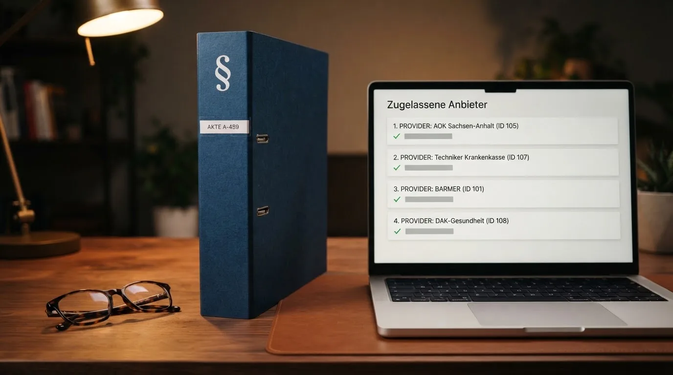 Nahaufnahme eines Aktenordners mit Paragraphenzeichen auf dem Ruecken, daneben ein aufgeklapptes Notebook mit einer Uebersichtsliste lizenzierter Anbieter.