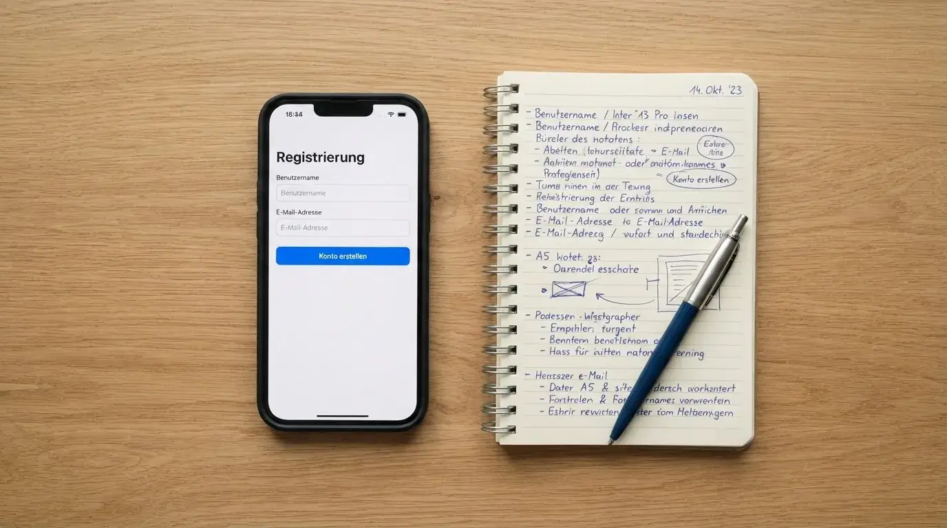 Draufsicht auf ein Smartphone mit einer geoeffneten Registrierungsmaske fuer ein Spielerkonto, daneben ein Notizblock mit handschriftlichen Bonusbedingungen.