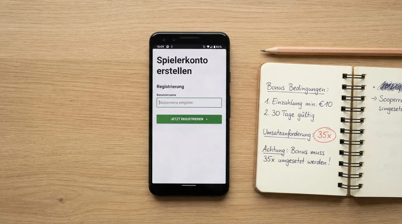 Draufsicht auf ein Smartphone mit einer geoeffneten Registrierungsmaske fuer ein Spielerkonto, daneben ein Notizblock mit handschriftlichen Bonusbedingungen.