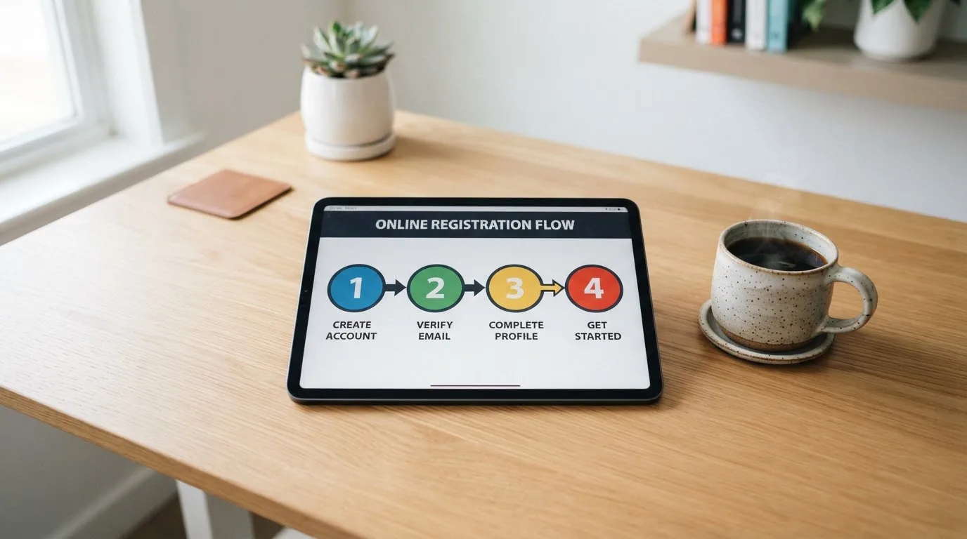 Schreibtisch mit einem Tablet, auf dem ein Schema mit nummerierten Schritten eines Anmeldevorgangs zu sehen ist, daneben ein Kaffeebecher.