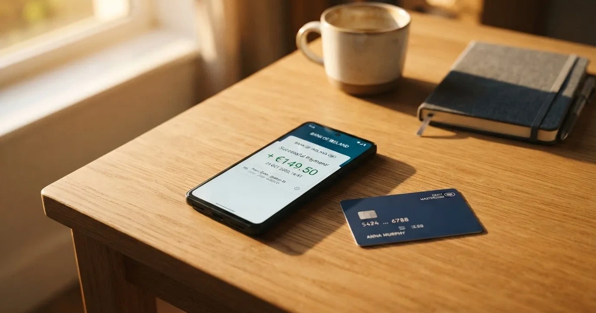 Schreibtisch mit einem Smartphone, auf dessen Bildschirm eine Kontobewegung mit Datum und Betrag in Euro angezeigt wird, daneben eine Bankkarte.