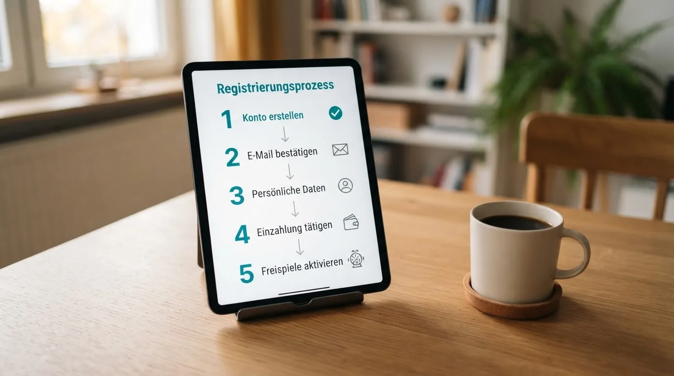 Schreibtisch mit einem Tablet, auf dem ein Schema mit nummerierten Schritten eines Anmeldevorgangs zu sehen ist, daneben ein Kaffeebecher.