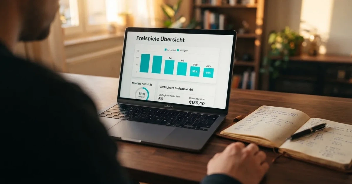 Nahaufnahme eines Laptop-Bildschirms mit einer Statistik ueber genutzte und verbleibende Freispiele, daneben ein Notizblock mit Zahlen.
