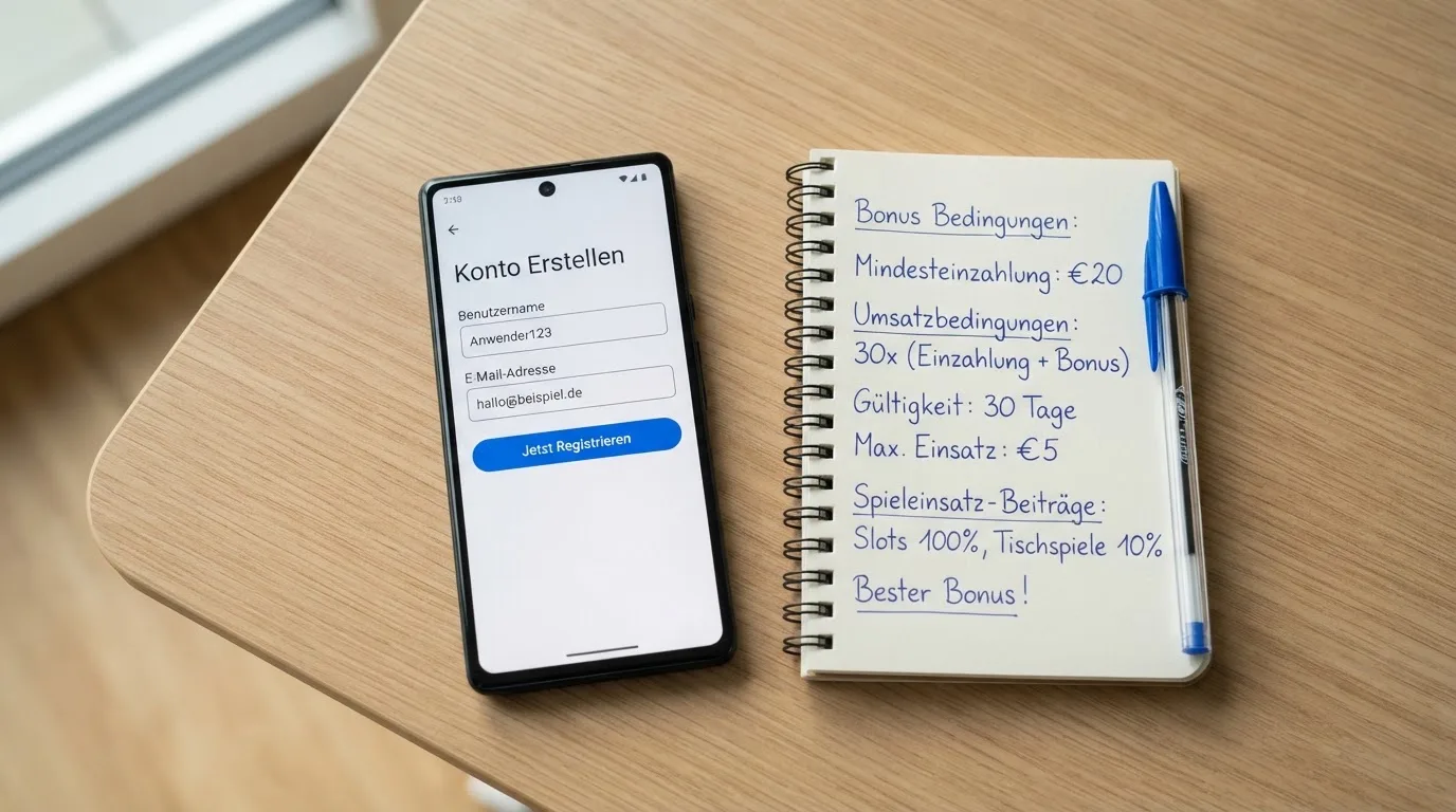 Draufsicht auf ein Smartphone mit einer geoeffneten Registrierungsmaske fuer ein Spielerkonto, daneben ein Notizblock mit handschriftlichen Bonusbedingungen.