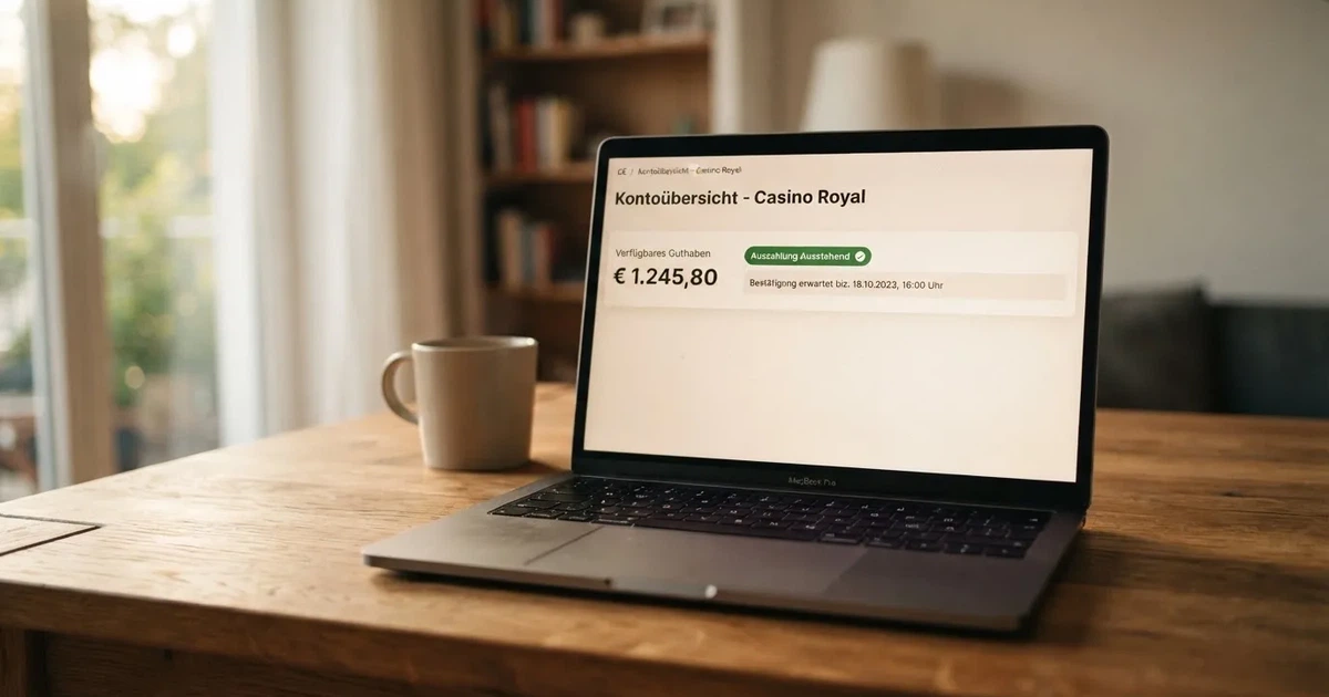 Nahaufnahme eines Laptop-Bildschirms mit einer Kontouebersicht, auf der ein Guthabenbetrag in Euro und ein Auszahlungsstatus zu sehen sind.