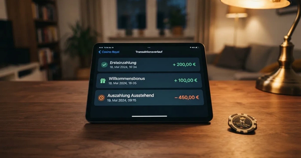 Nahaufnahme eines Tablet-Bildschirms mit einer Transaktionsliste, in der Einzahlung, Bonusgutschrift und Auszahlungsstatus untereinander aufgefuehrt sind.