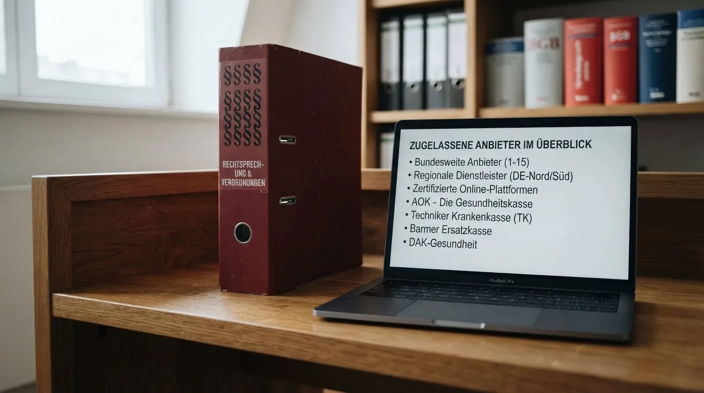 Nahaufnahme eines Aktenordners mit Paragraphenzeichen auf dem Ruecken, daneben ein aufgeklapptes Notebook mit einer Uebersichtsliste lizenzierter Anbieter.