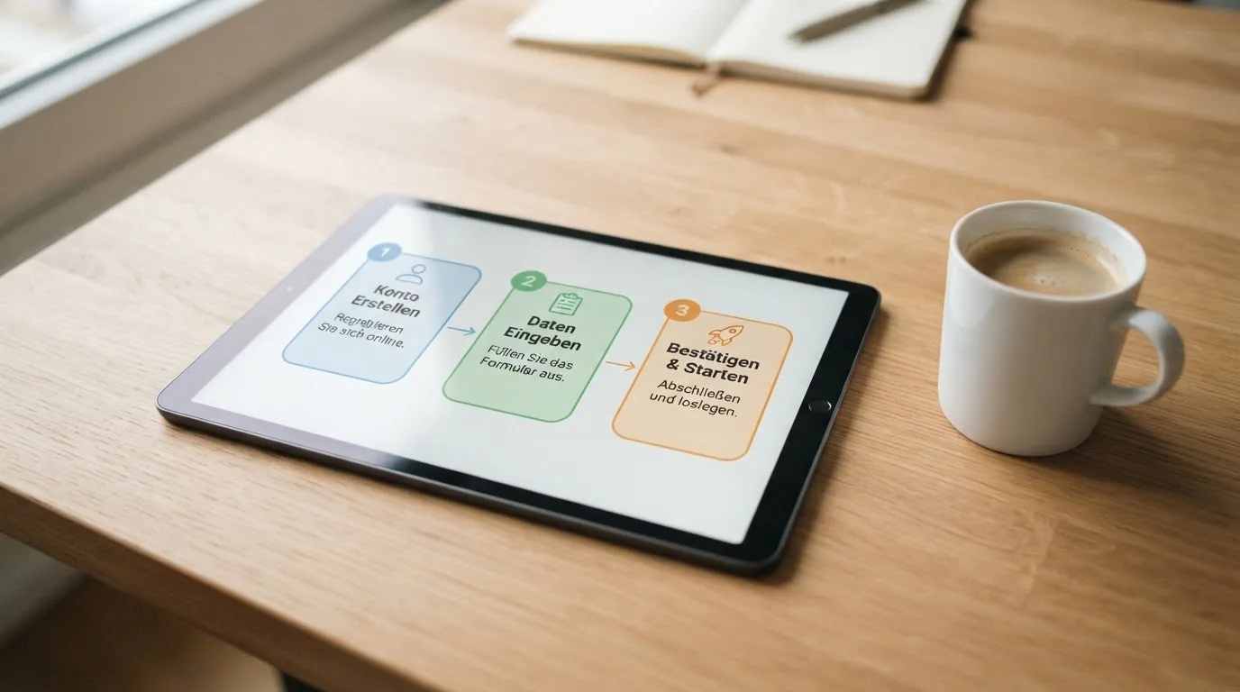 Schreibtisch mit einem Tablet, auf dem ein Schema mit nummerierten Schritten eines Anmeldevorgangs zu sehen ist, daneben ein Kaffeebecher.