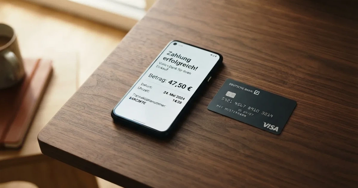 Schreibtisch mit einem Smartphone, auf dessen Bildschirm eine Kontobewegung mit Datum und Betrag in Euro angezeigt wird, daneben eine Bankkarte.