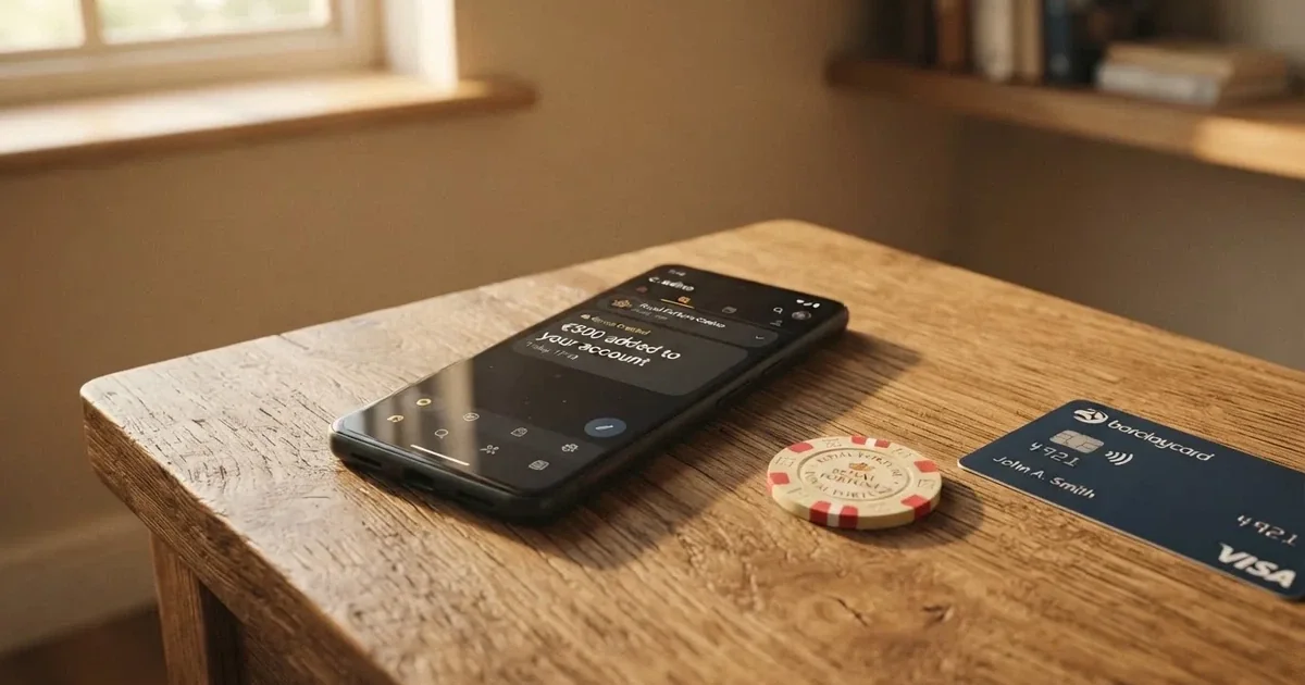 Schreibtisch mit einem Smartphone, auf dessen Bildschirm eine Kontobewegung mit Datum und Betrag in Euro angezeigt wird, daneben eine Bankkarte.