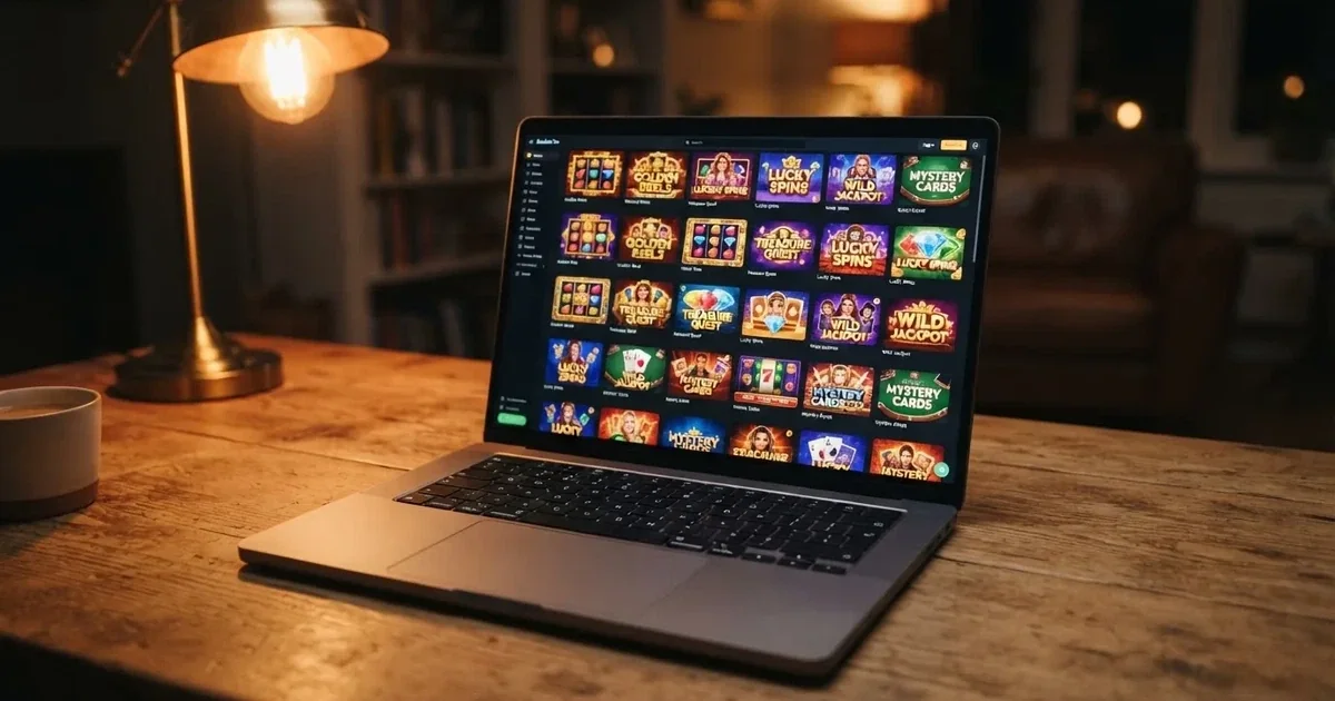Bildschirm mit einer Rasteransicht mehrerer Automatenspiel-Kacheln in einem Online-Casino.