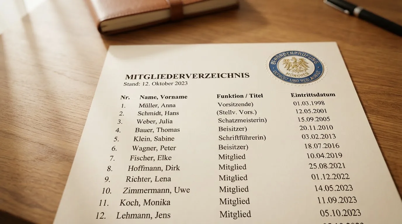 Nahaufnahme einer gedruckten Anbieterliste neben einem amtlichen Prüfsiegel.