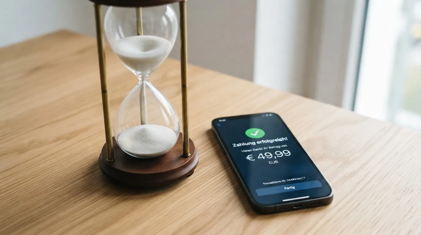Nahaufnahme einer Sanduhr neben einem Smartphone-Bildschirm mit einer Zahlungsbestätigung.