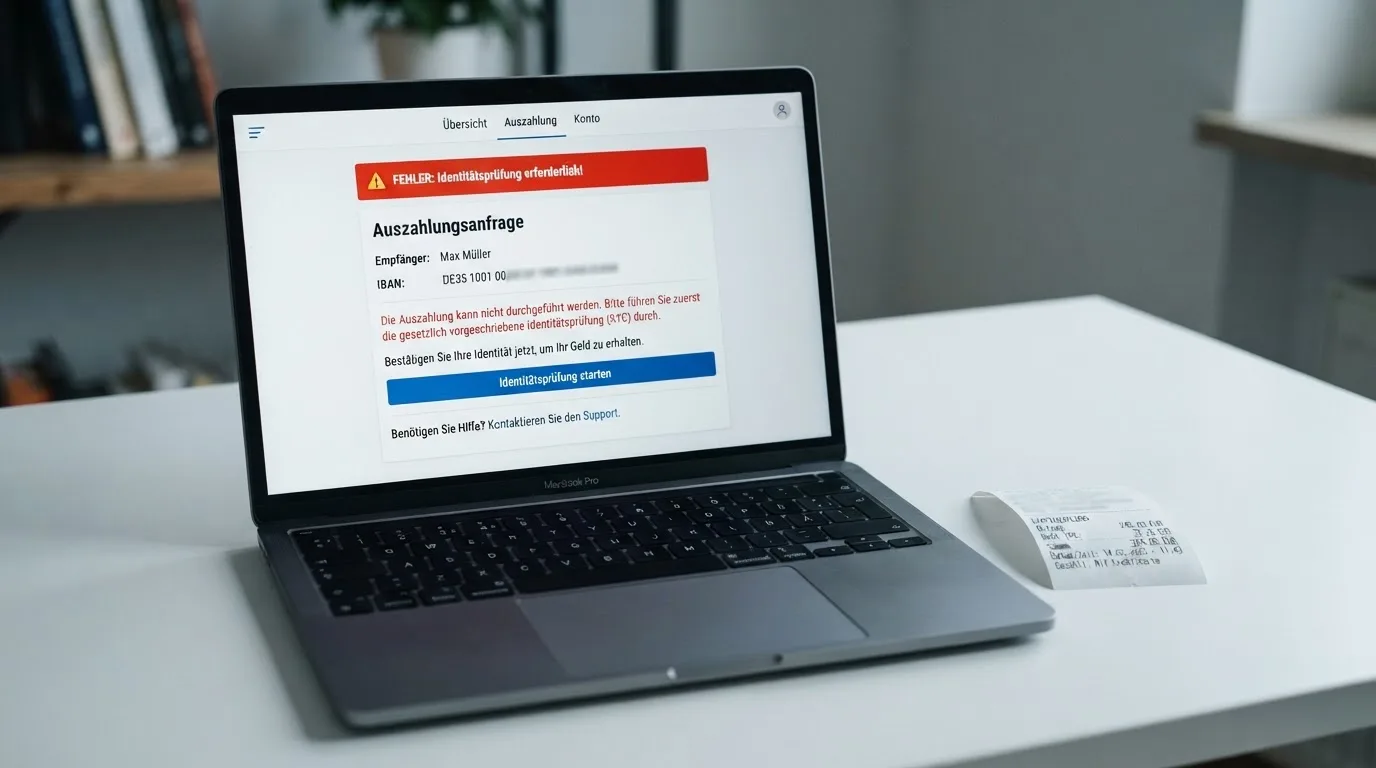 Nahaufnahme eines Bildschirms mit einer Fehlermeldung neben einem Auszahlungsformular.