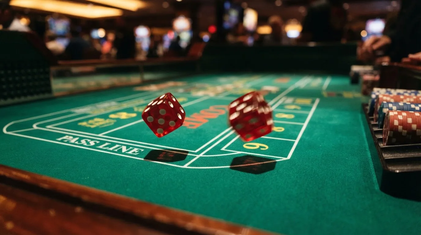 Nahaufnahme zweier rollender Würfel auf einem grünen Spieltisch.