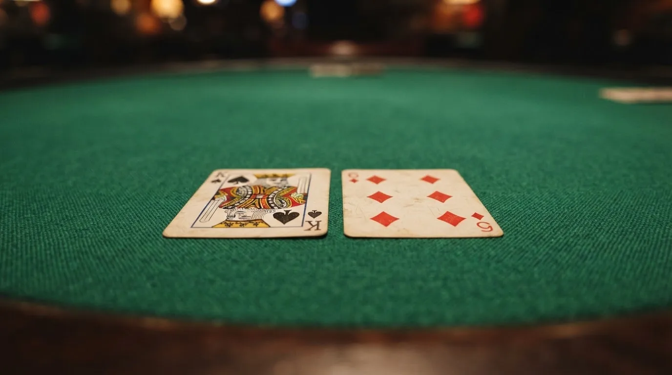 Nahaufnahme zweier aufgedeckter Spielkarten neben einem grünen Kartentisch.