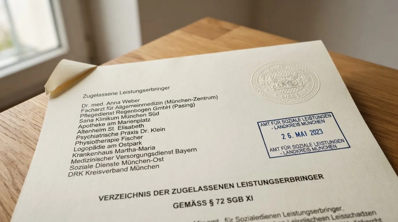 Nahaufnahme einer gedruckten Anbieterliste neben einem amtlichen Prüfsiegel.