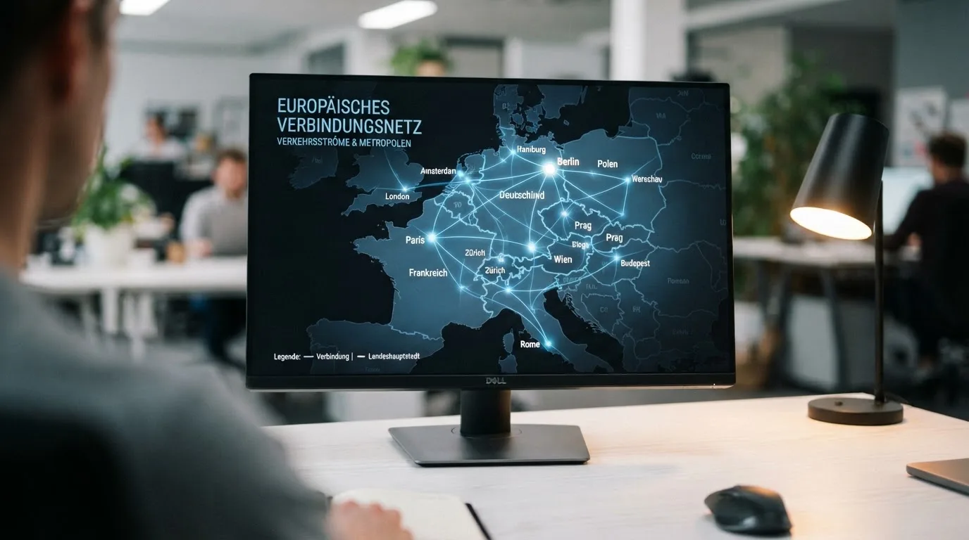 Weltkarte auf einem Bildschirm mit hervorgehobenen Ländergrenzen und verbundenen Linien.