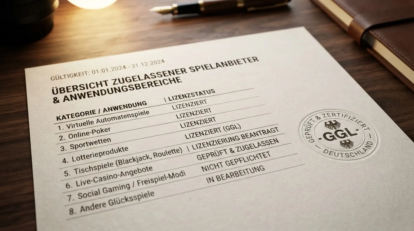 Nahaufnahme einer gedruckten Anbieterliste neben einem amtlichen Prüfsiegel.