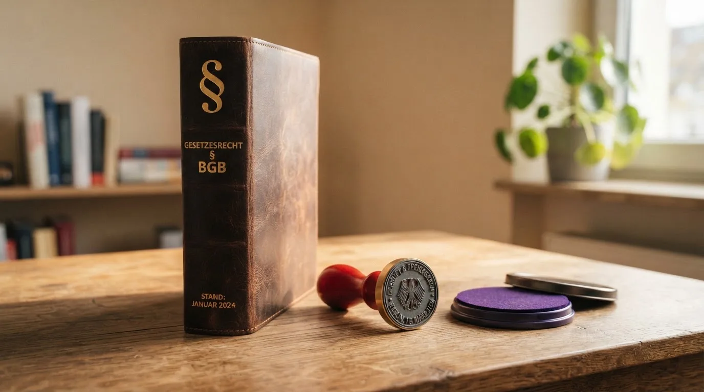 Symbolbild eines Aktenordners mit Paragraphenzeichen und einem Stempel auf einem Schreibtisch.