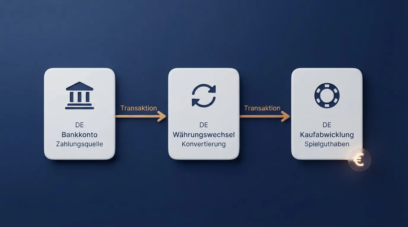 Einfaches Flussdiagramm, das den Weg einer Zahlung von der Bank zum Spielerkonto zeigt.