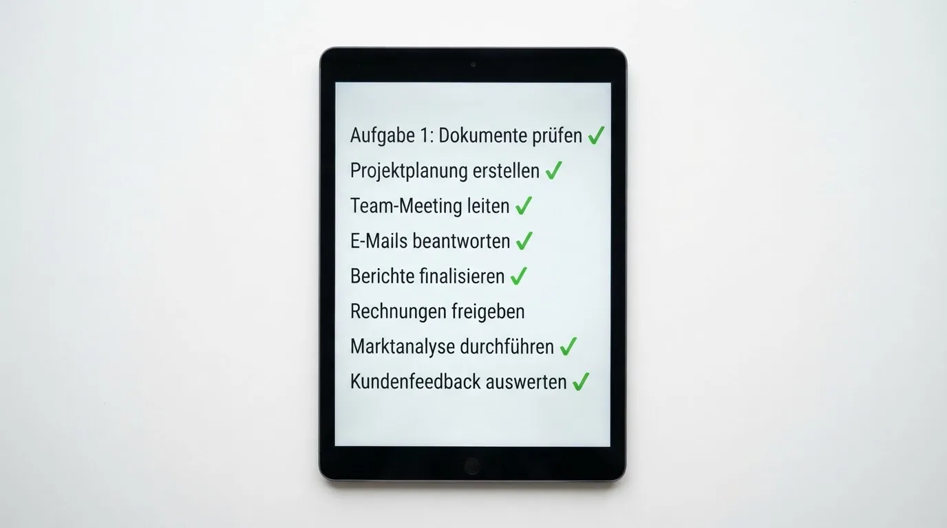Tablet mit einer digitalen Liste und Häkchen-Symbolen auf einem Schreibtisch.