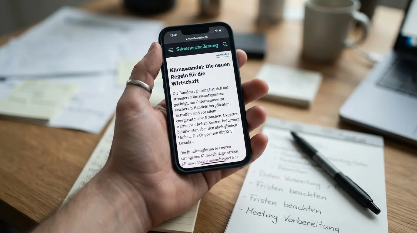 Hand hält ein Smartphone mit einer geöffneten Browser-Seite voller Text, im Hintergrund ein Schreibtisch mit Notizen.