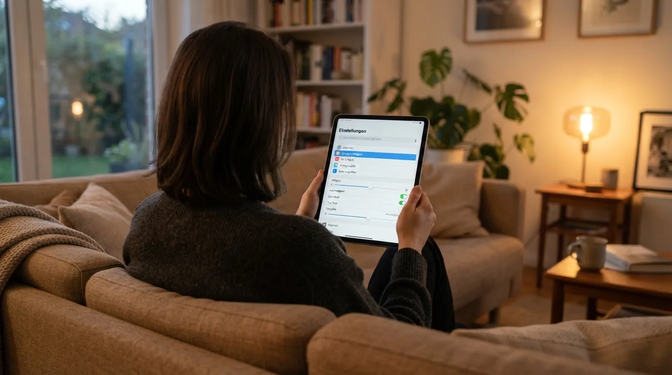 Person betrachtet nachdenklich eine App mit Einstellungsmenü auf einem Tablet in einem ruhigen Wohnzimmer.