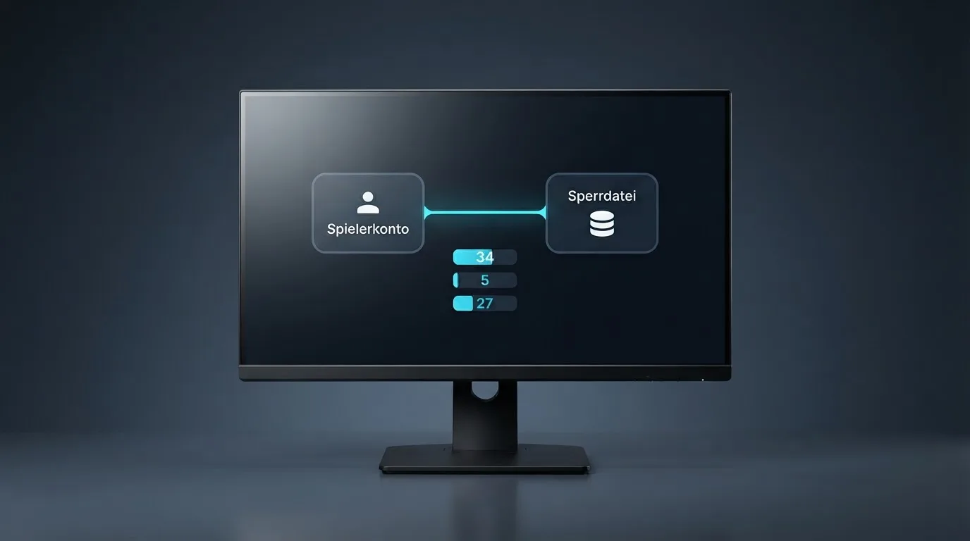 Schema eines Datenabgleichs zwischen einem Spielerkonto und einer zentralen Sperrdatei auf einem Monitor.