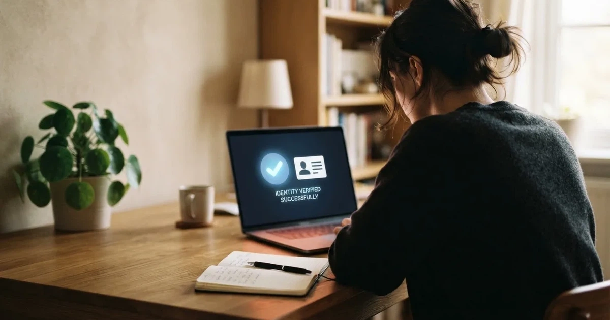 Person legitimiert sich per Online-Ausweisfunktion an einem Laptop mit Kartenlesegerät.