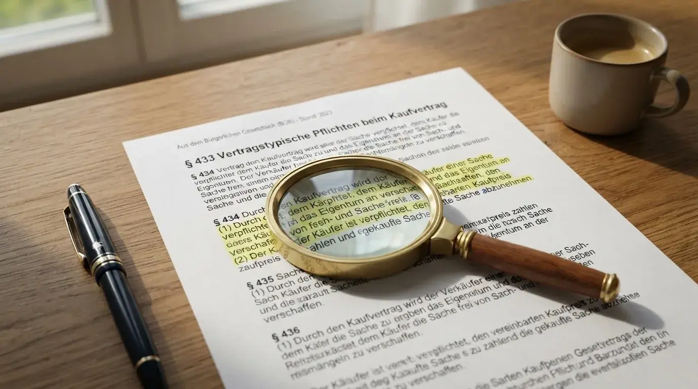 Gesetzestext-Auszug neben einer Lupe auf einem Schreibtisch.