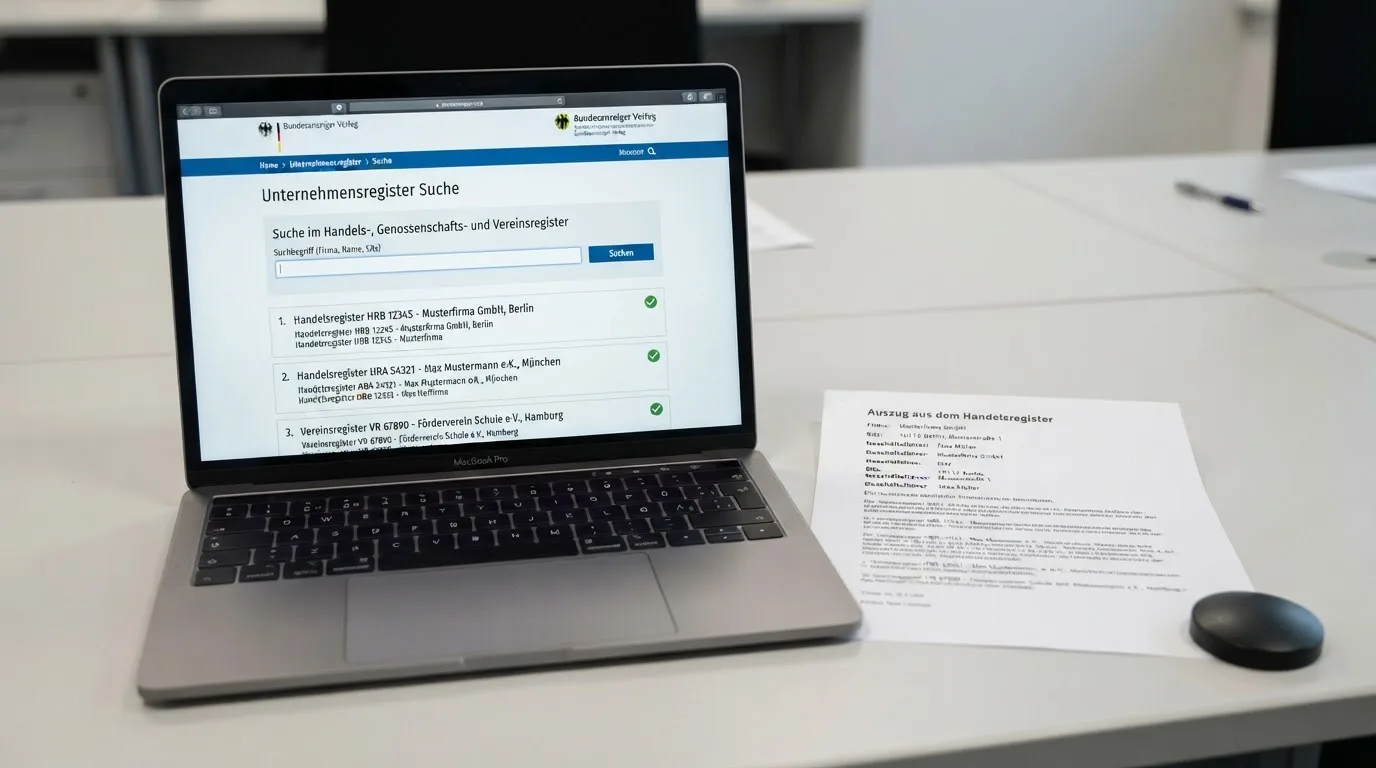 Nahaufnahme eines Gesetzestextes neben einem Laptop mit einer Behördenwebsite auf dem Bildschirm.
