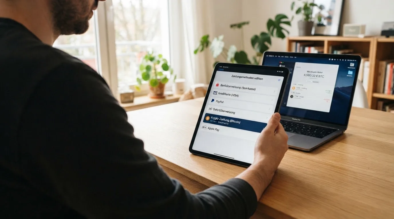 Person zeigt auf einem Tablet eine Liste von Zahlungsmethoden, während im Hintergrund ein Laptop mit einer Wallet-App steht.