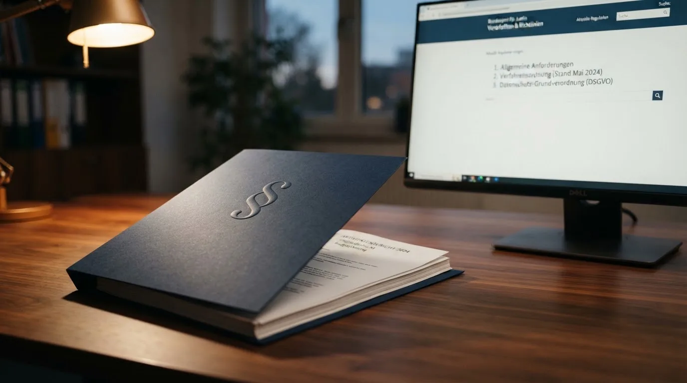 Nahaufnahme eines Aktenordners mit Paragraphenzeichen neben einem Computerbildschirm mit einer Behördenseite.