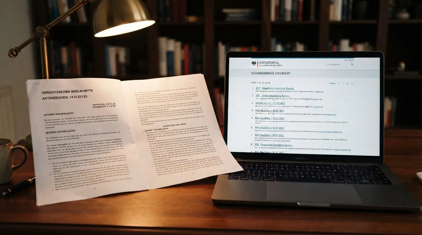Nahaufnahme eines Gesetzestextes neben einem Laptop-Bildschirm mit einer Behördenseite.