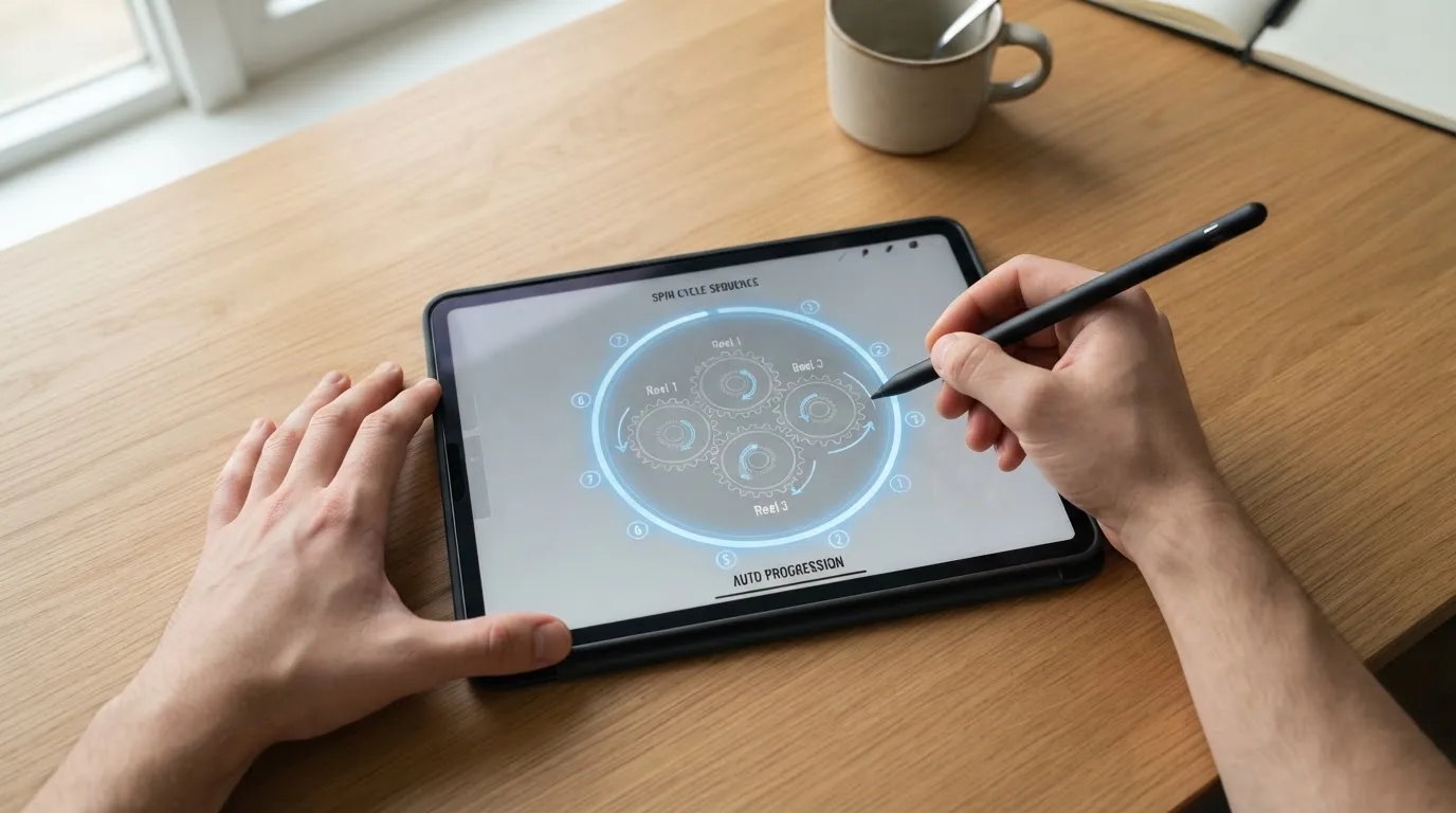 Schematische Darstellung eines automatisch ablaufenden Spins auf einem Tablet-Bildschirm.