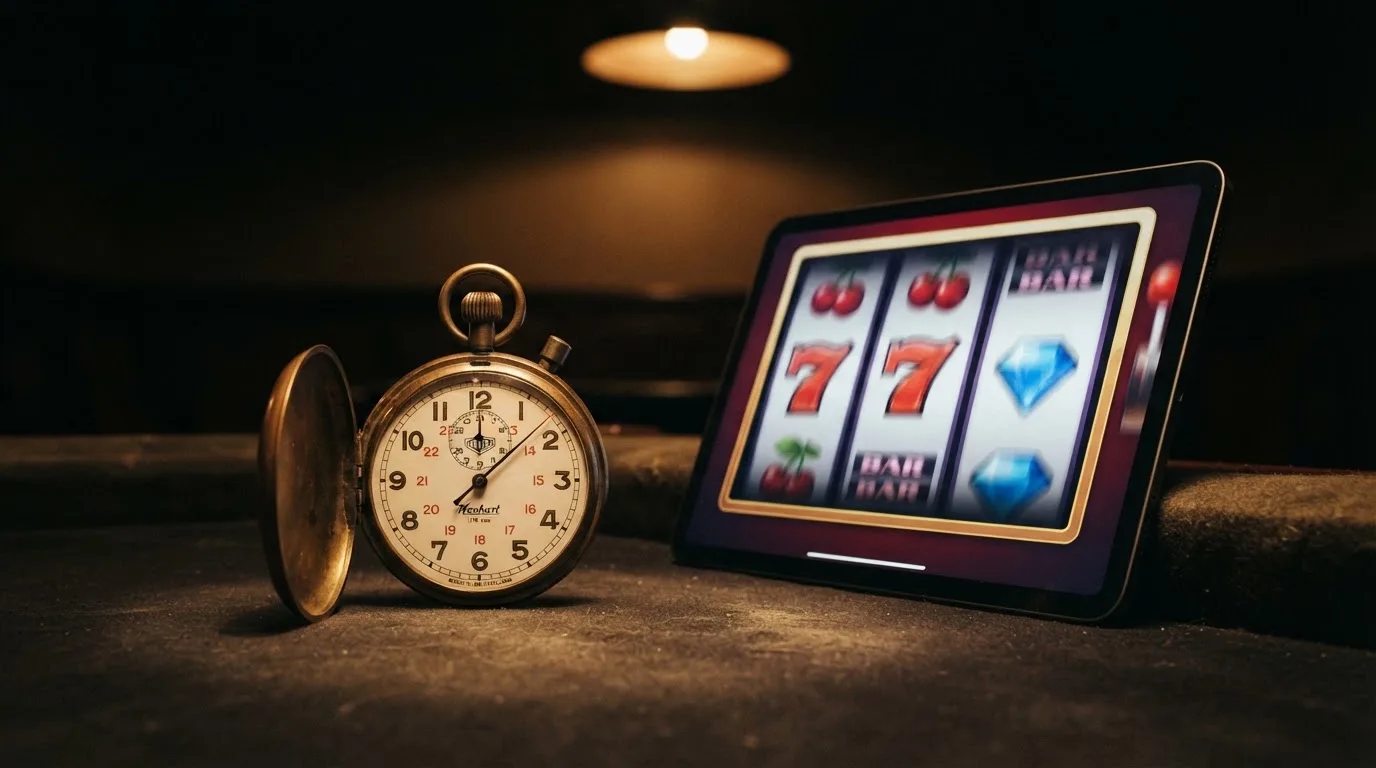 Symbolbild einer Stoppuhr neben einem Spielautomaten-Bildschirm, das ein Zeitintervall andeutet.